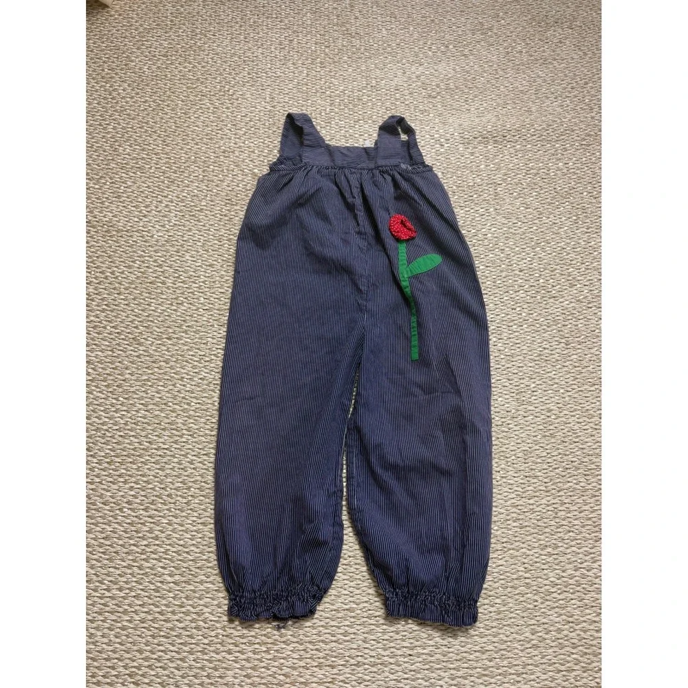 Eleni Henderson Kids Pinstripe Jumpsuit Navy Blue‎ White Flower Applique Vintage